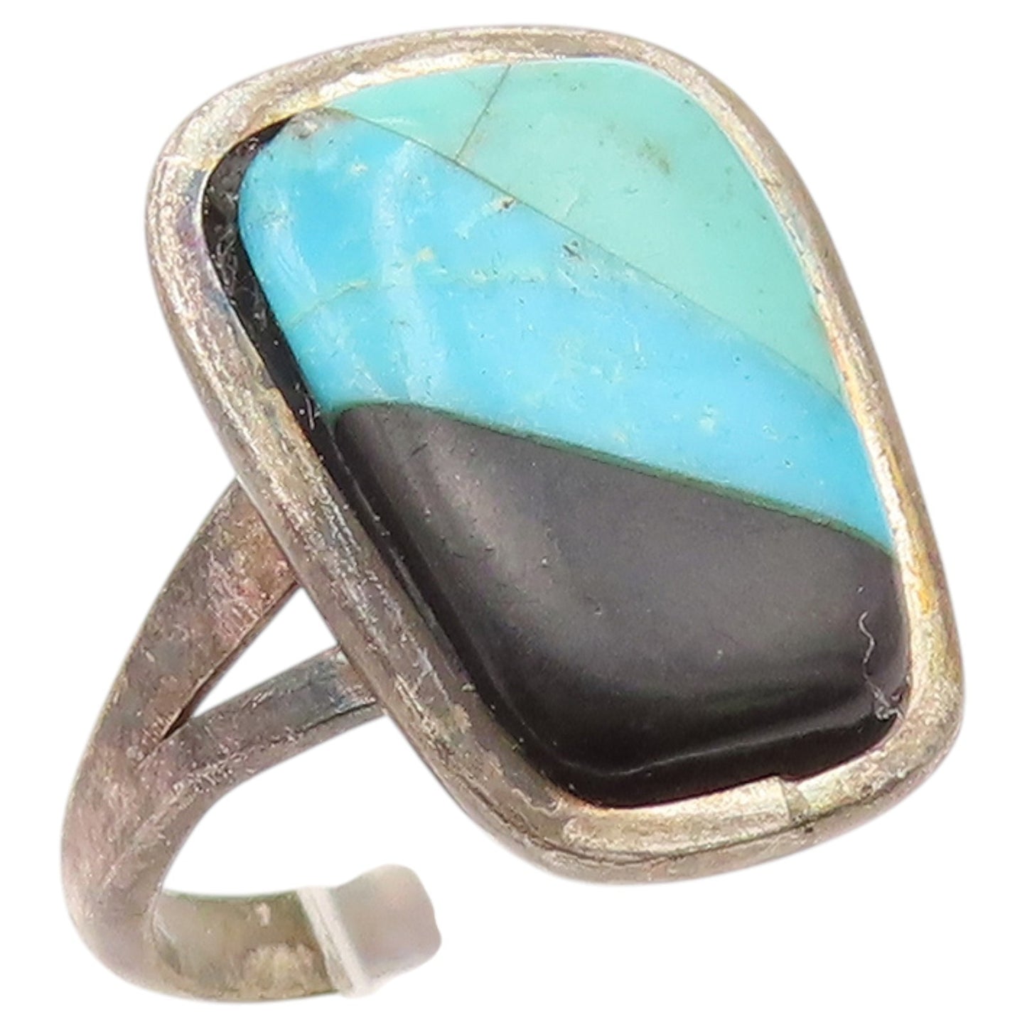 925 Sterling Silver Vintage Ring Modernist Turquoise & Onyx  Sz 7.5  RG36571