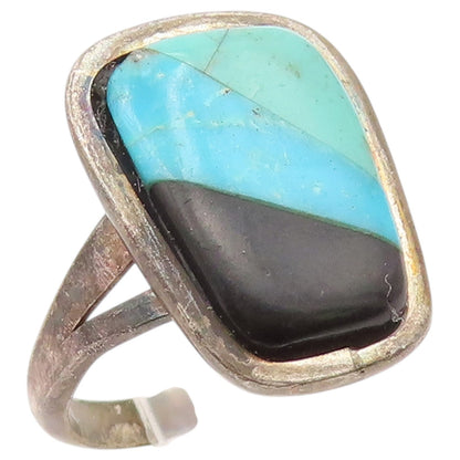 925 Sterling Silver Vintage Ring Modernist Turquoise & Onyx  Sz 7.5  RG36571