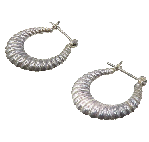 925 Sterling Silver  Vintage Fluted Hollow Dark Tone Hoop Earrings  EG8913