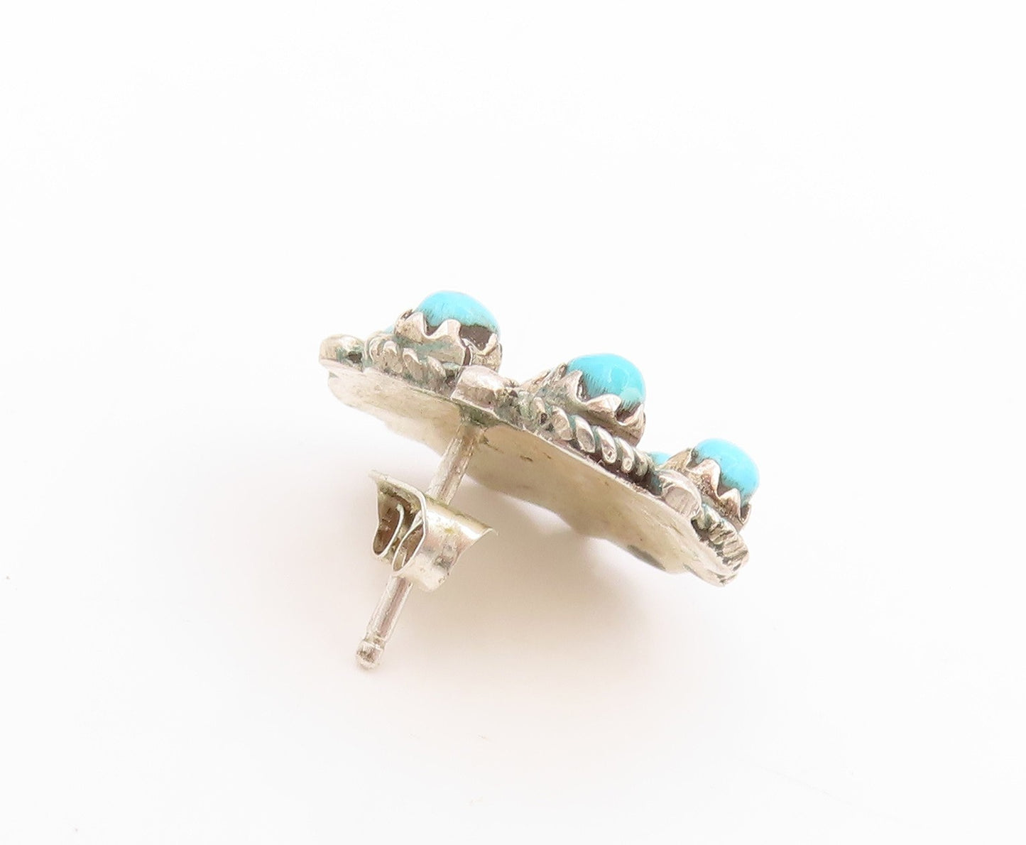 925 Sterling Silver Vintage Earrings NAVAJO Round Turquoise Floral Stud  EG14035