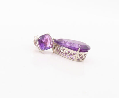 925 Sterling Silver Vintage Earrings Square & Drop Cut Dangling Amethyst EG13158