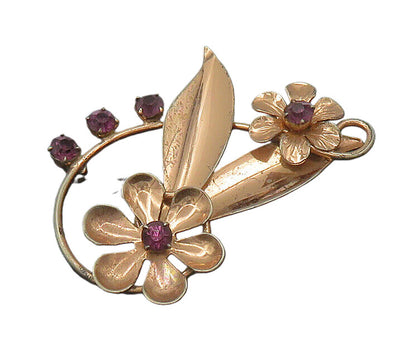 925 Sterling Silver  Vintage Purple Topaz Shiny Floral Brooch Pin  BP8357
