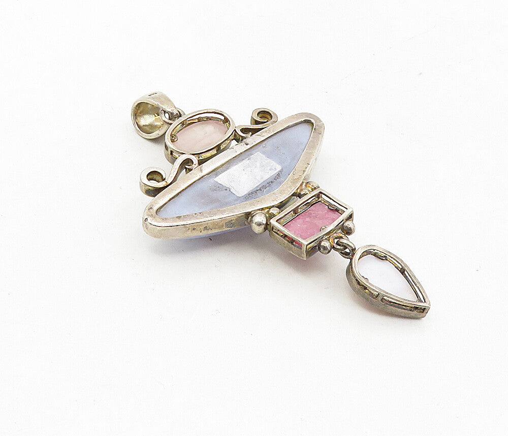 925 Sterling Silver  Vintage Agate Mother Of Pearl & Quartz Pendant  PT6453