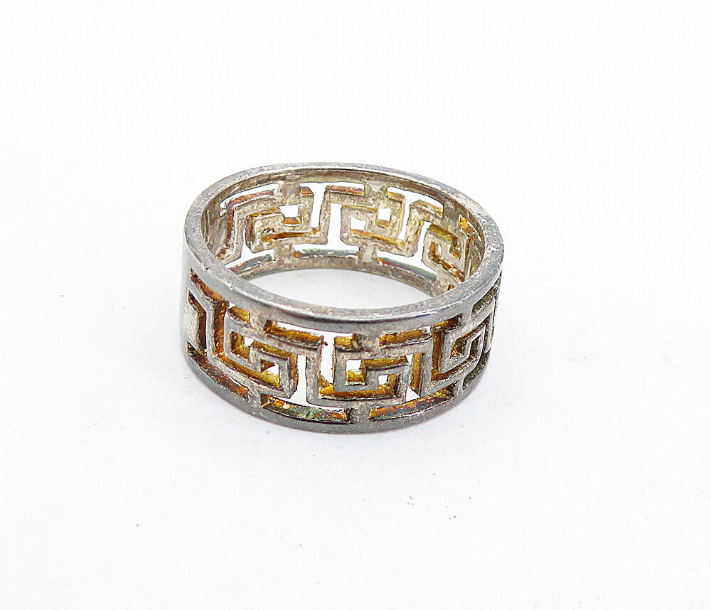 925 Sterling Silver  Vintage Dark Tone Greek Key Band Ring Sz 7.5  RG5729