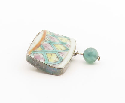 925 Sterling Silver Vintage Brooch Pin Antique Jade Porcelain Lattice  BP12651