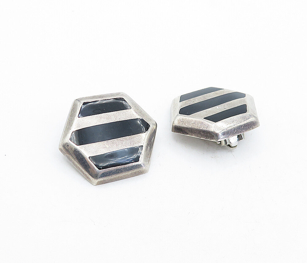 MEXICO 925 Silver  Vintage Black Onyx Striped Non Pierce Earrings  EG2172