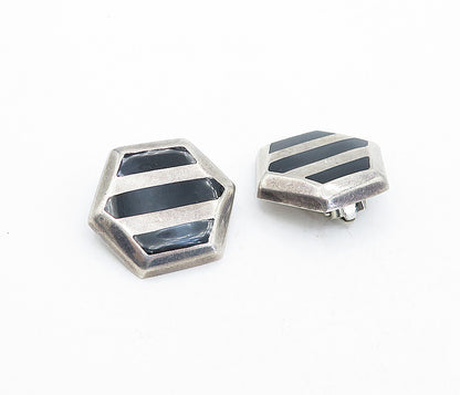 MEXICO 925 Silver  Vintage Black Onyx Striped Non Pierce Earrings  EG2172