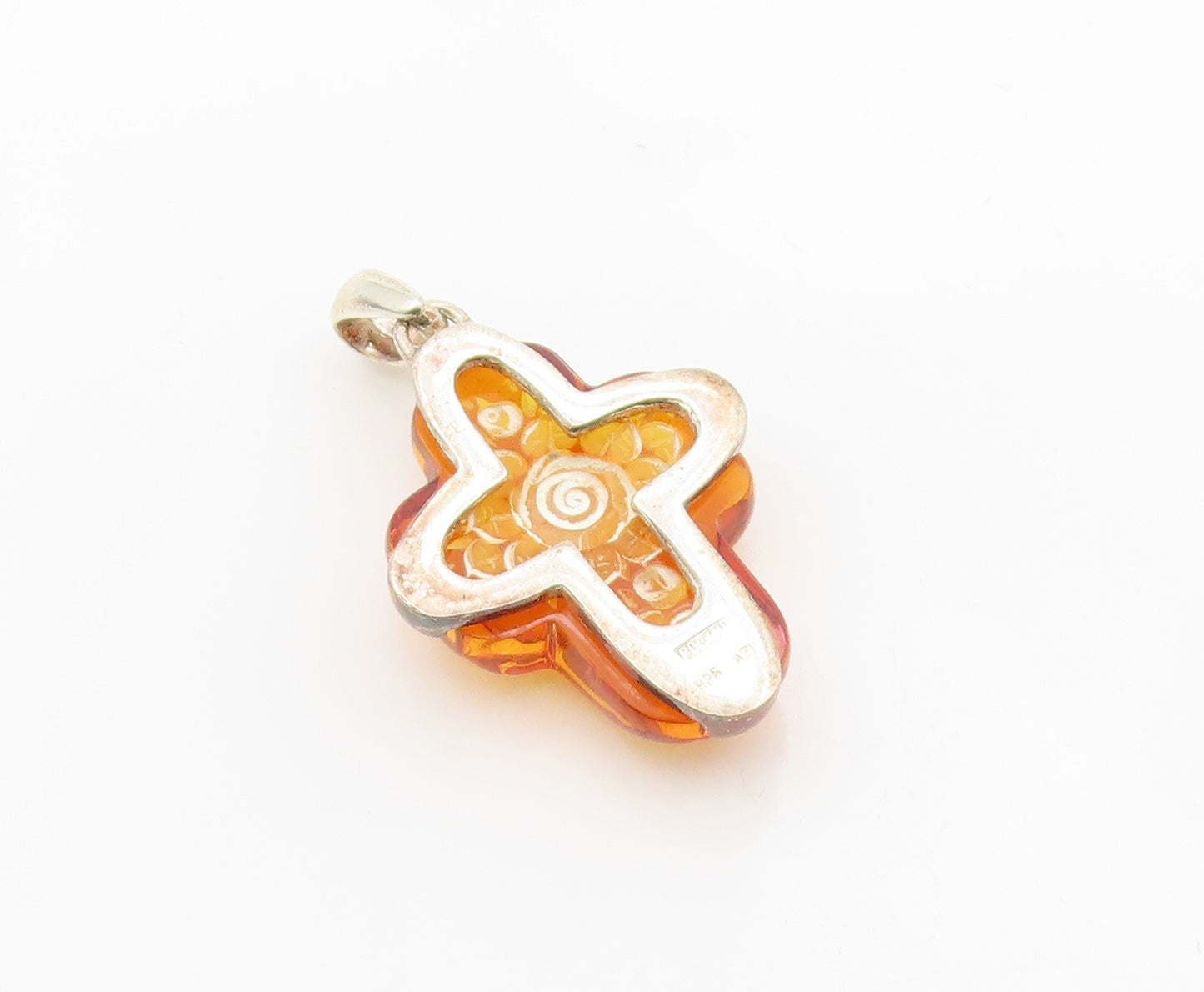 925 Sterling Silver Vintage Pendant POLAND Amber Carved Rose Holy Cross  PT26342