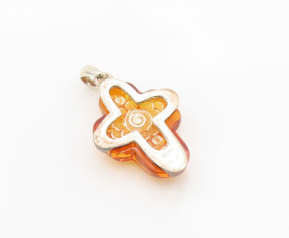 925 Sterling Silver Vintage Pendant POLAND Amber Carved Rose Holy Cross  PT26342