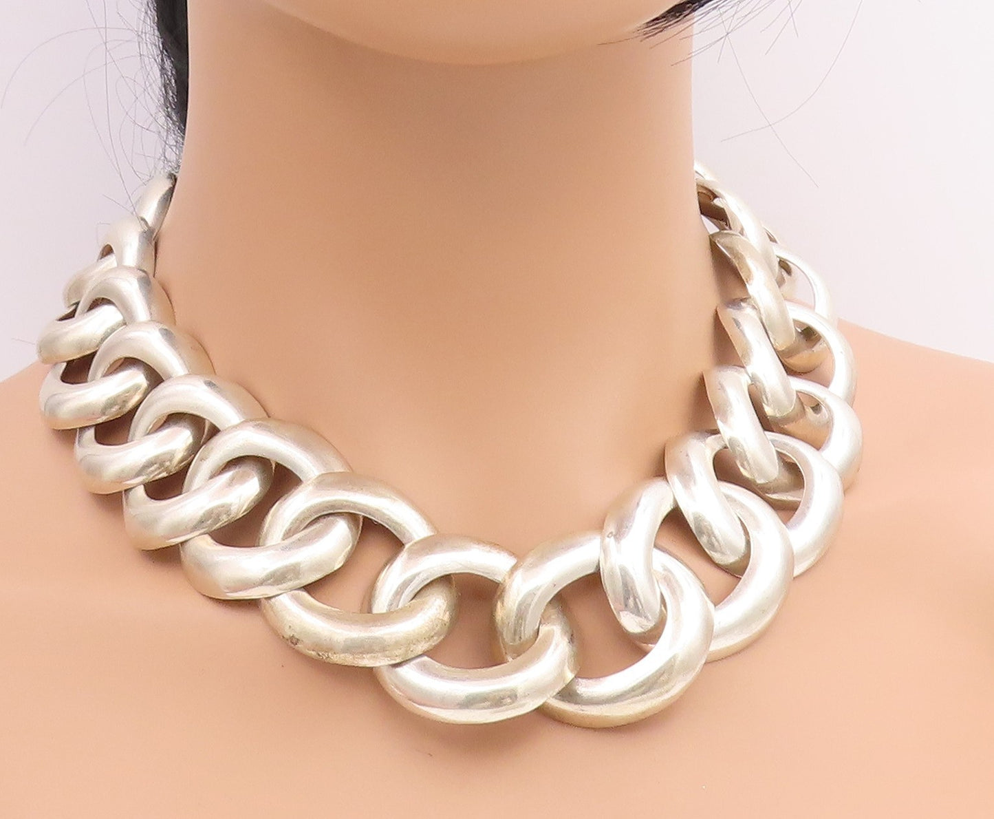 925 Sterling Silver Vintage Necklace MEXICO Chunky Oval Cuban Link Choker NE4788
