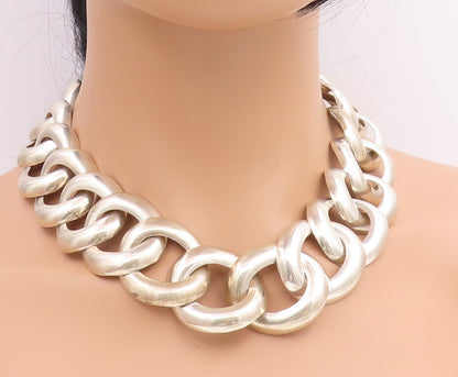 925 Sterling Silver Vintage Necklace MEXICO Chunky Oval Cuban Link Choker NE4788