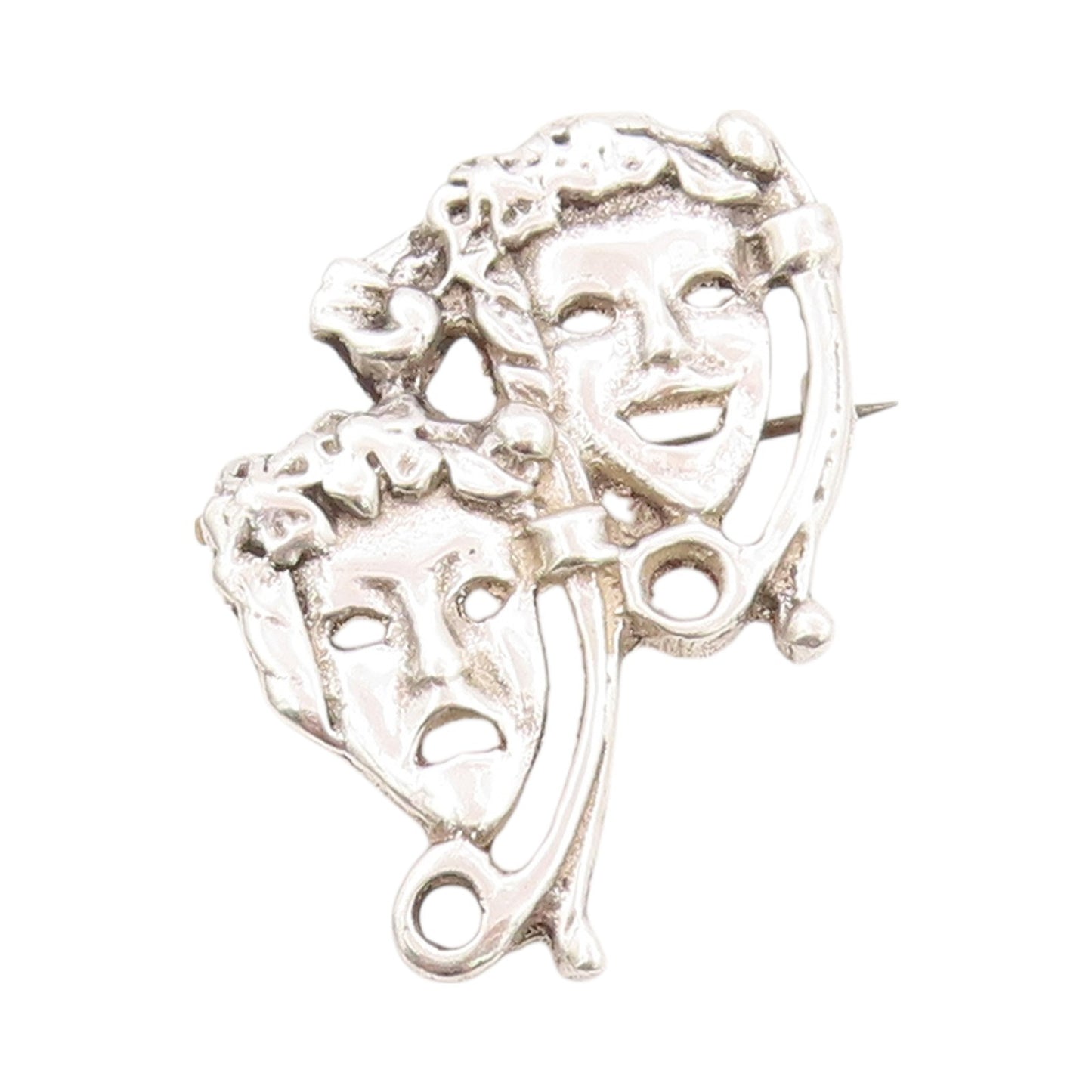 925 Sterling Silver Vintage Brooch Happy & Sad Mime Faces Carved  BP11646