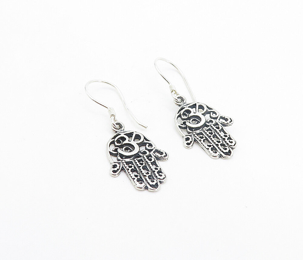 925 Sterling Silver  Shiny Om Spiritual Symbol Hamsa Dangle Earrings  EG3245