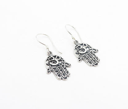 925 Sterling Silver  Shiny Om Spiritual Symbol Hamsa Dangle Earrings  EG3245