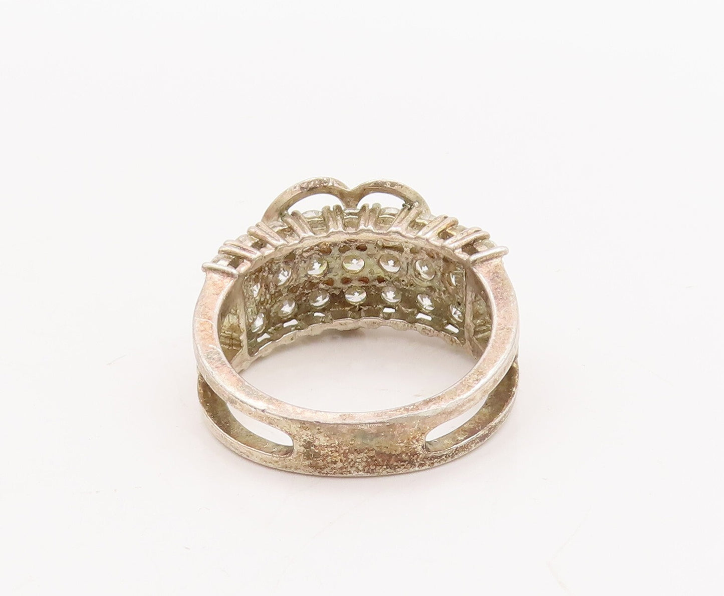 925 Sterling Silver Vintage Ring Round Topaz Beaded Carved Heart  Sz 9  RG29125