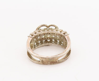 925 Sterling Silver Vintage Ring Round Topaz Beaded Carved Heart  Sz 9  RG29125