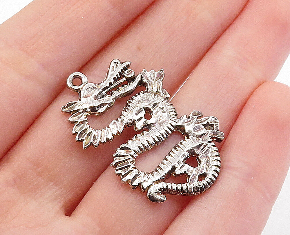 925 Sterling Silver  Vintage Shiny Etched Petite Dragon Motif Pendant  PT4784