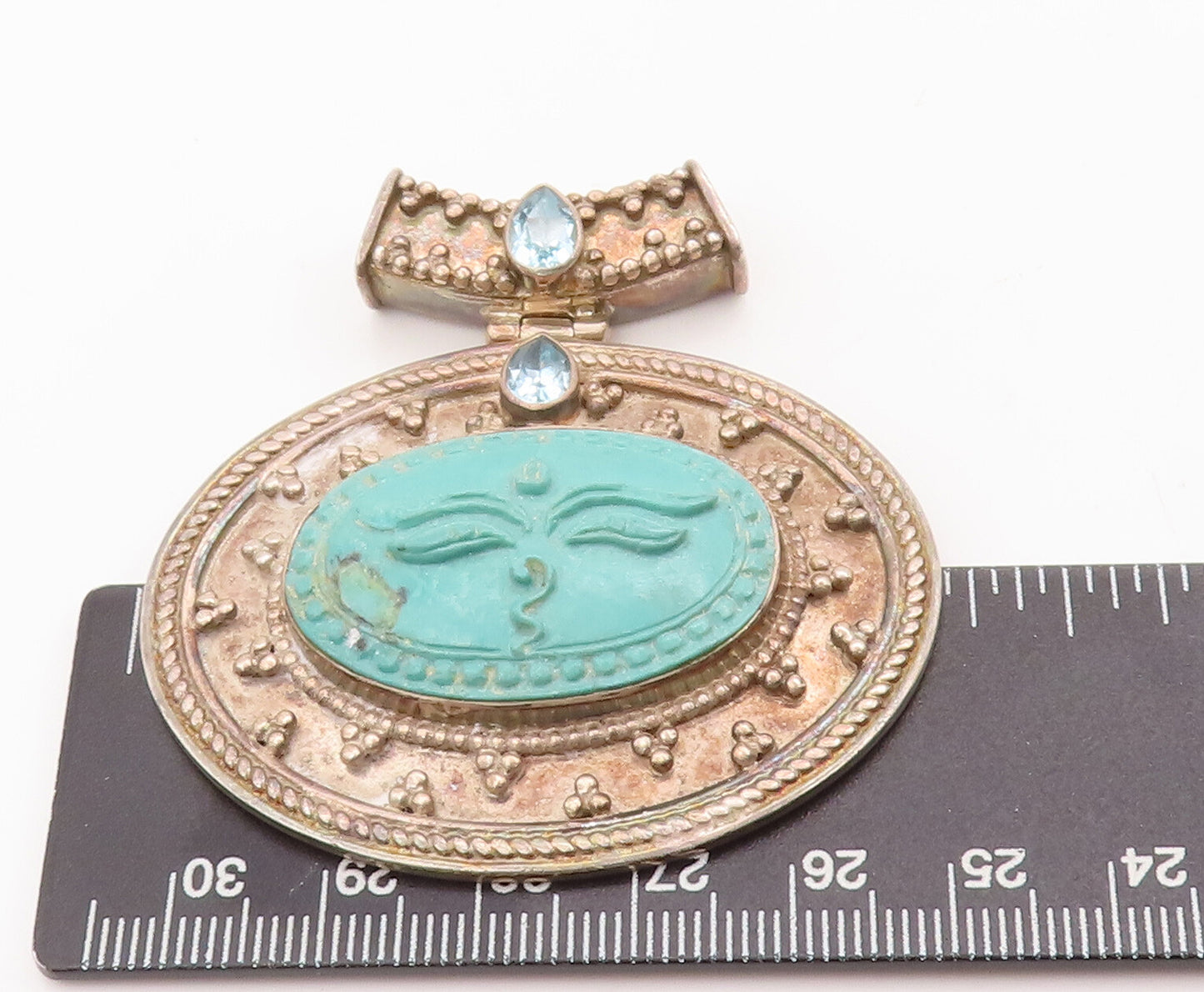 925 Sterling Silver Vintage Pendant NEPAL Beaded Carved Face Turquoise  PT23115
