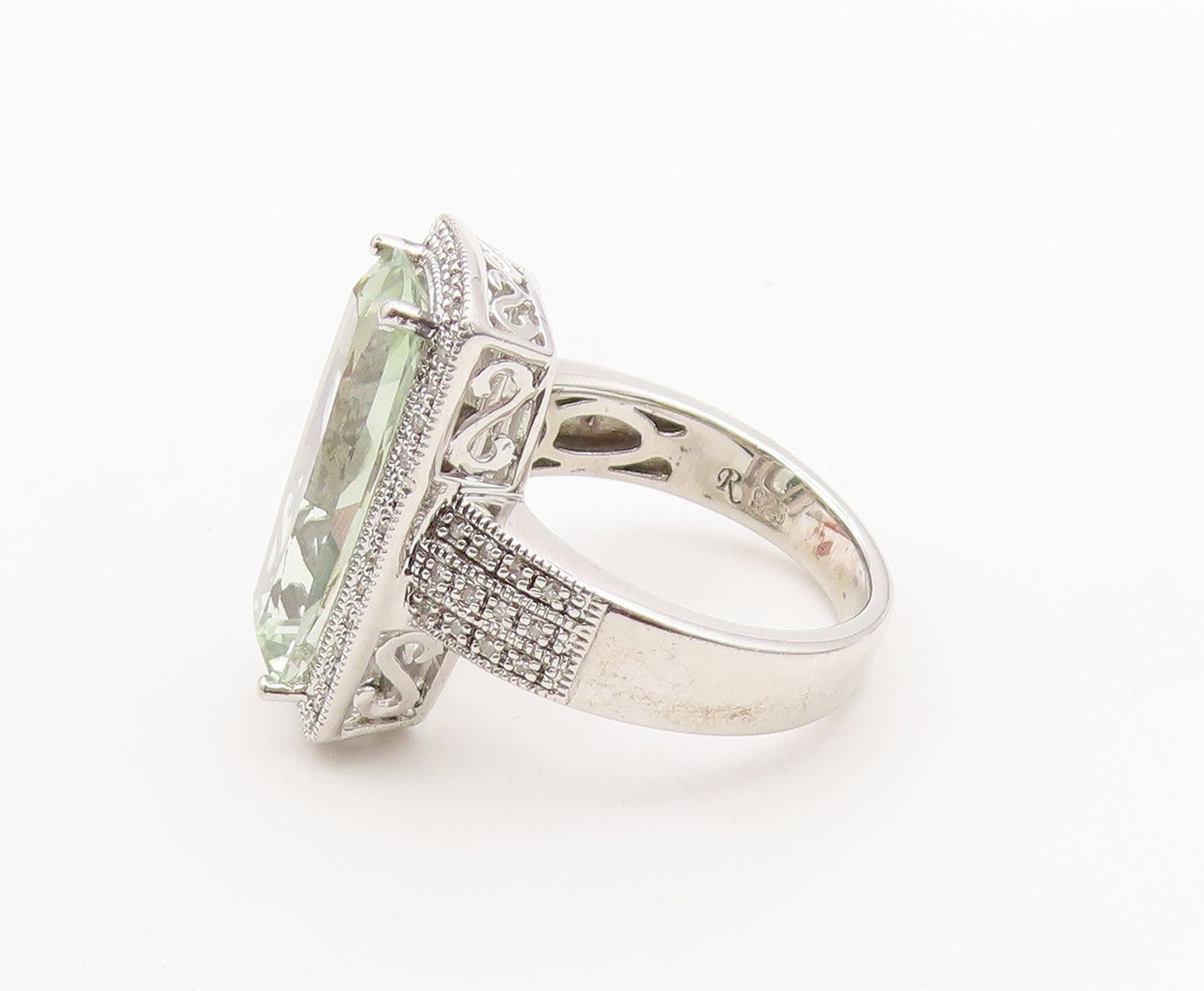 925 Sterling Silver Vintage Ring Real Diamonds & Green Amethyst  Sz 8  RG36484