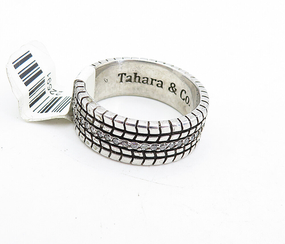 TAHARA & CO. 925 Silver  Vintage Cubic Zirconia Etched Band Ring Sz 10  RG5521