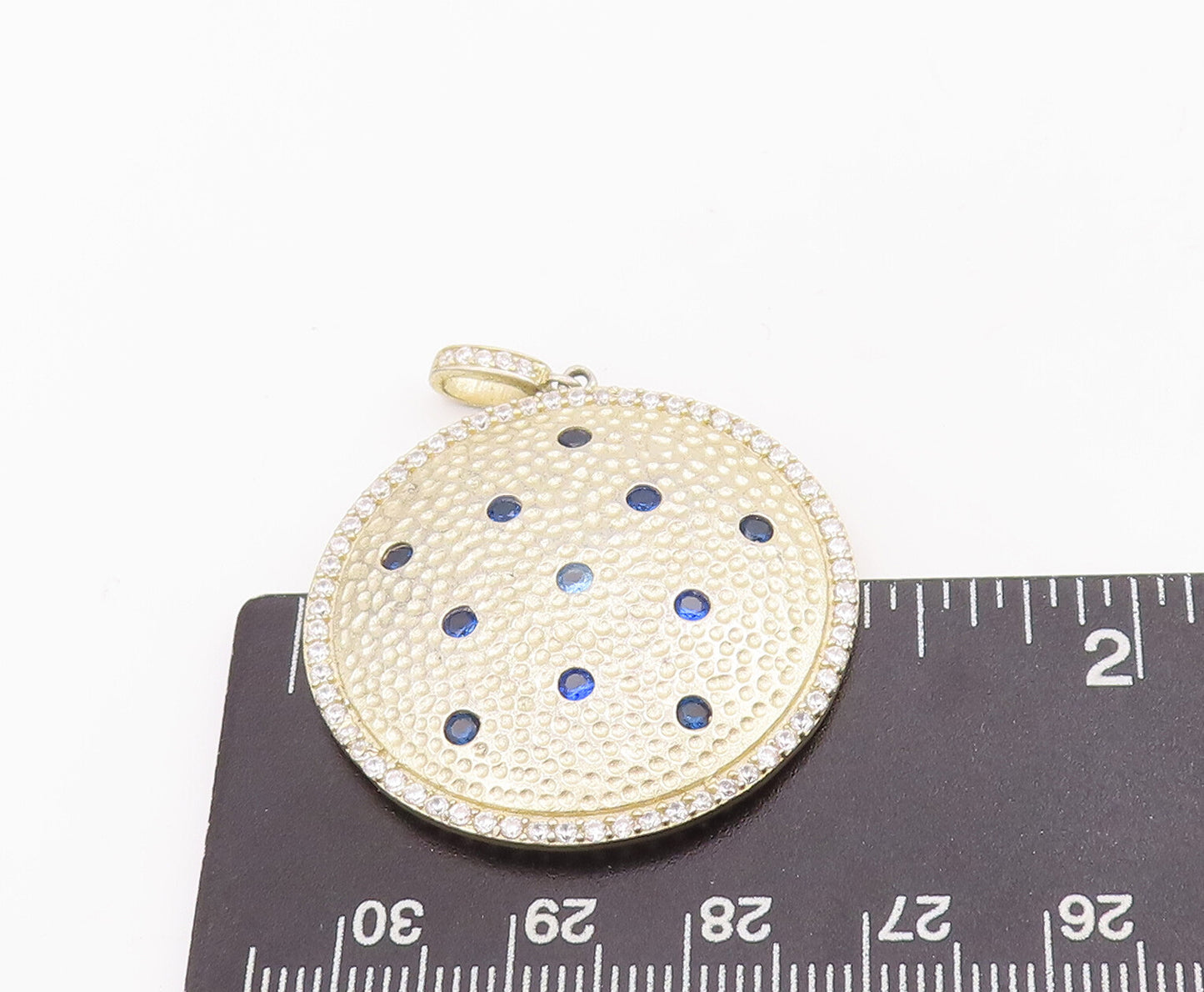 925 Sterling Silver Vintage Pendant Round Dented 2 Tone Gemstone Inlay PT22851