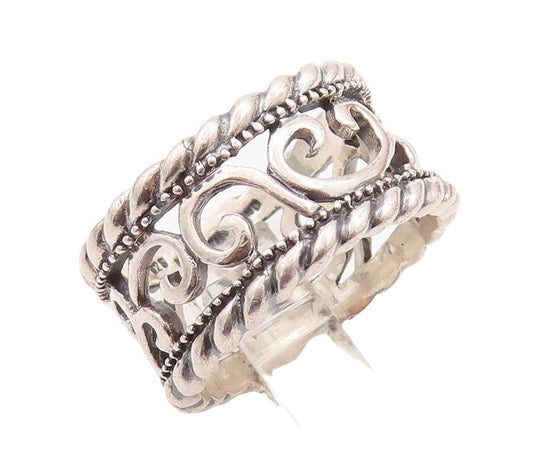 925 Sterling Silver Vintage Ring Swirly Cutout Roped Bordered  Sz 7  RG28599