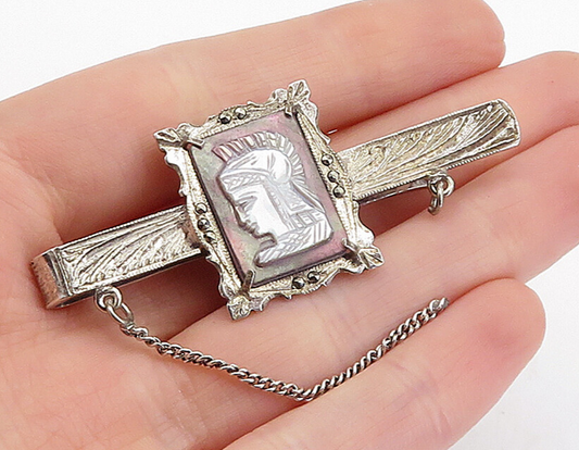 925 Sterling Silver  Vintage Mother Of Pearl & Marcasite Tie Clip  TR1163