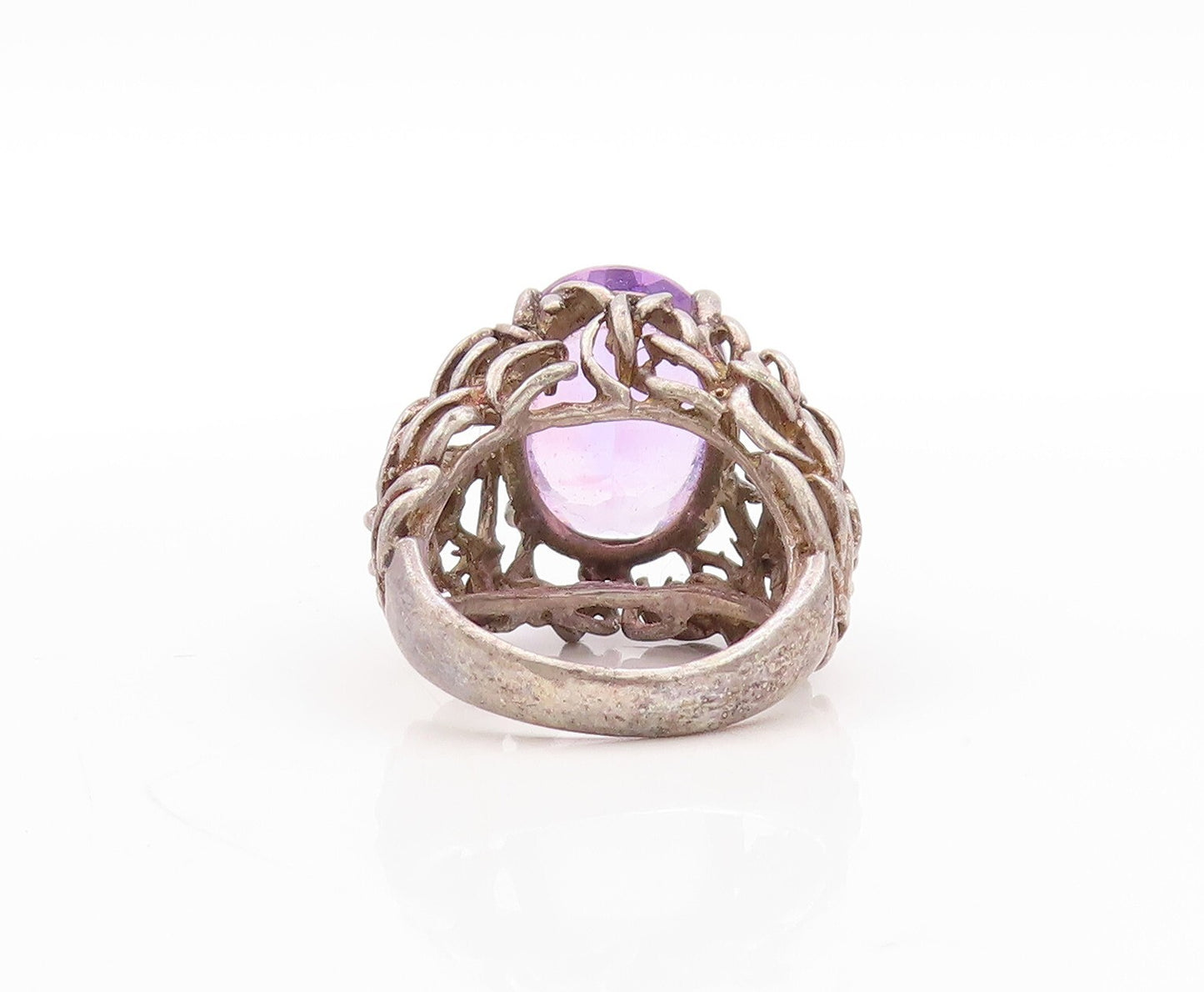 925 Sterling Silver Vintage Ring Dark Tone Brutalist Woven Amethyst Sz 5 RG31425