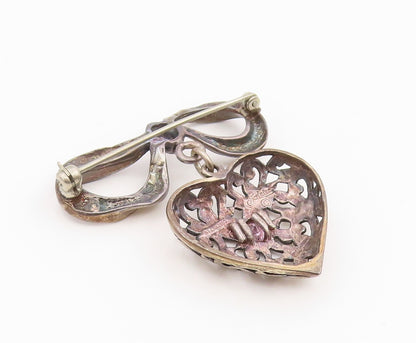 925 Sterling Silver Vintage Brooch Pin JEZLAINE Pink Topaz Heart & Bow  BP12337