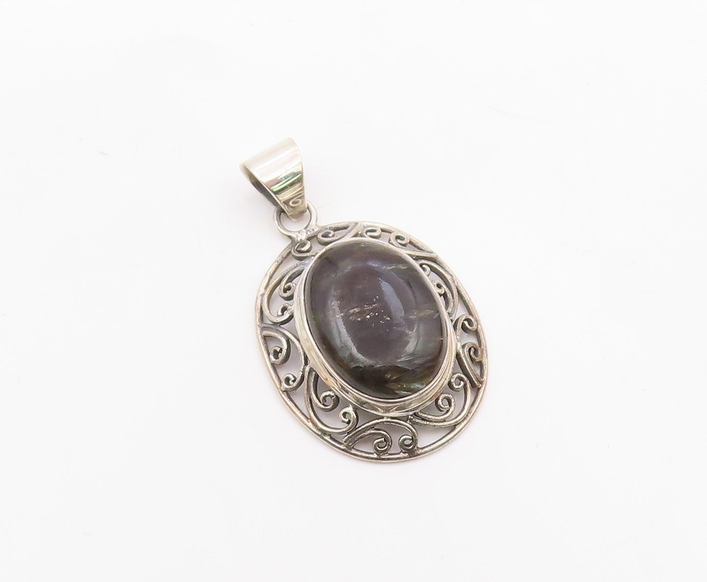 925 Sterling Silver  Vintage Cabochon Cut Obsidian Twist Pendant  PT14367