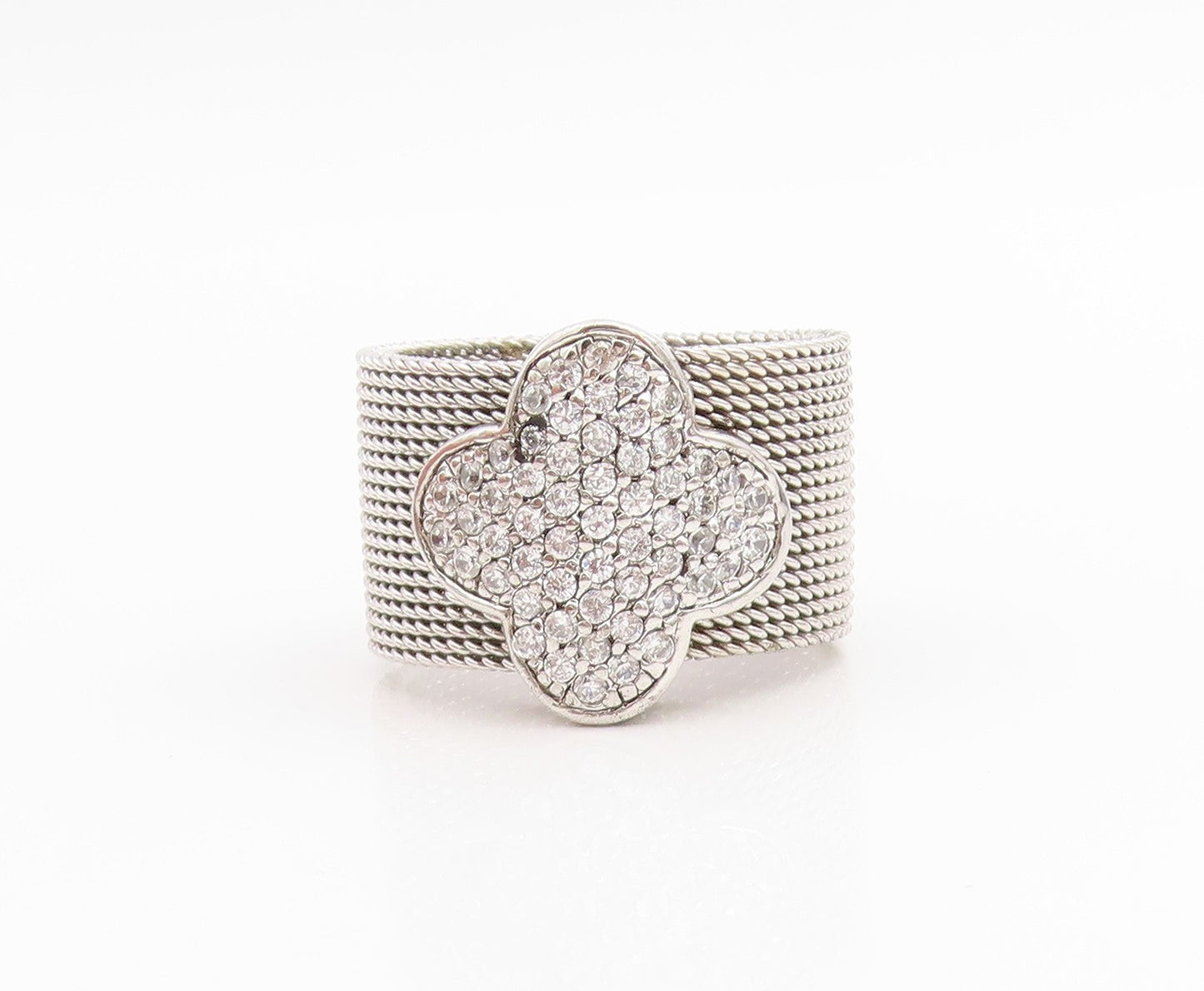 925 Sterling Silver Vintage Ring Cluster CZ Lucky Clover Mesh Band Sz 8 RG33857