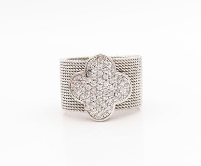 925 Sterling Silver Vintage Ring Cluster CZ Lucky Clover Mesh Band Sz 8 RG33857