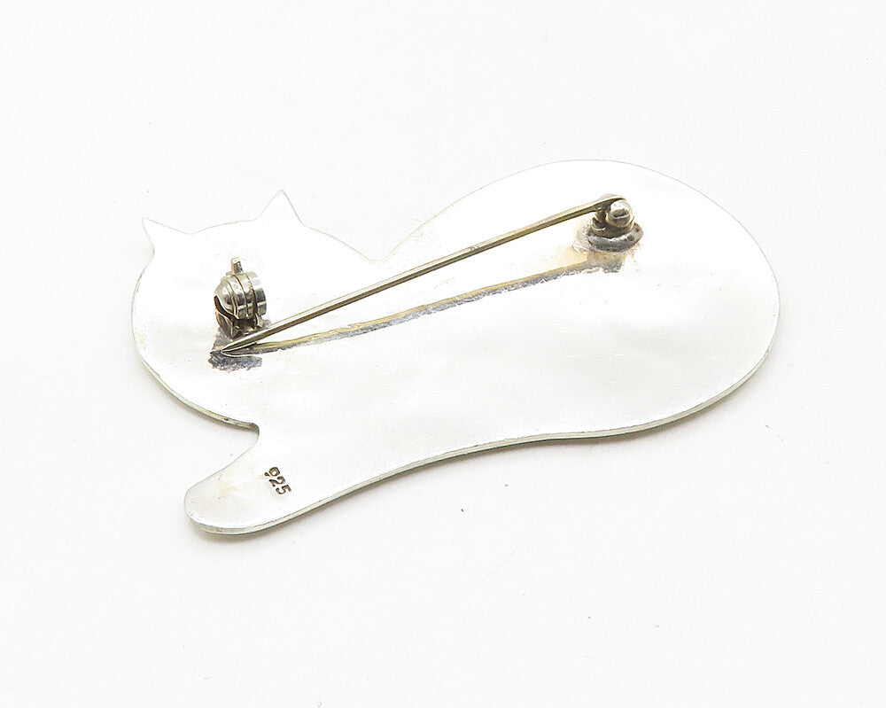 925 Sterling Silver  Vintage Shiny Etched Lying Cat Motif Brooch Pin  BP3705