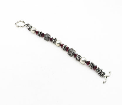 DESIGNER 925 Silver  Vintage Garnet Beaded Cluster Chain Bracelet  BT1644