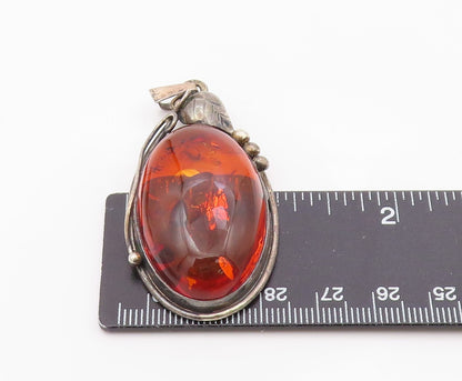 925 Sterling Silver Vintage Pendant POLAND Cabochon Amber Leaf & Berry  PT26354