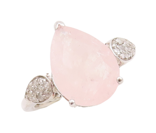 925 Sterling Silver Vintage Ring Drop Cut Rose Quartz & Diamonds  Sz 8  RG29235