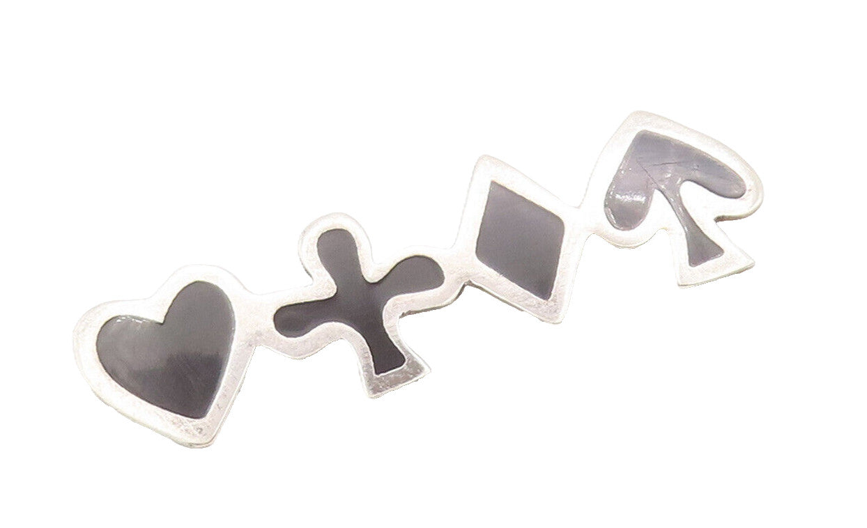 925 Sterling Silver Vintage Brooch Pin ANNE HARVEY Onyx 4 French Suits  BP10620