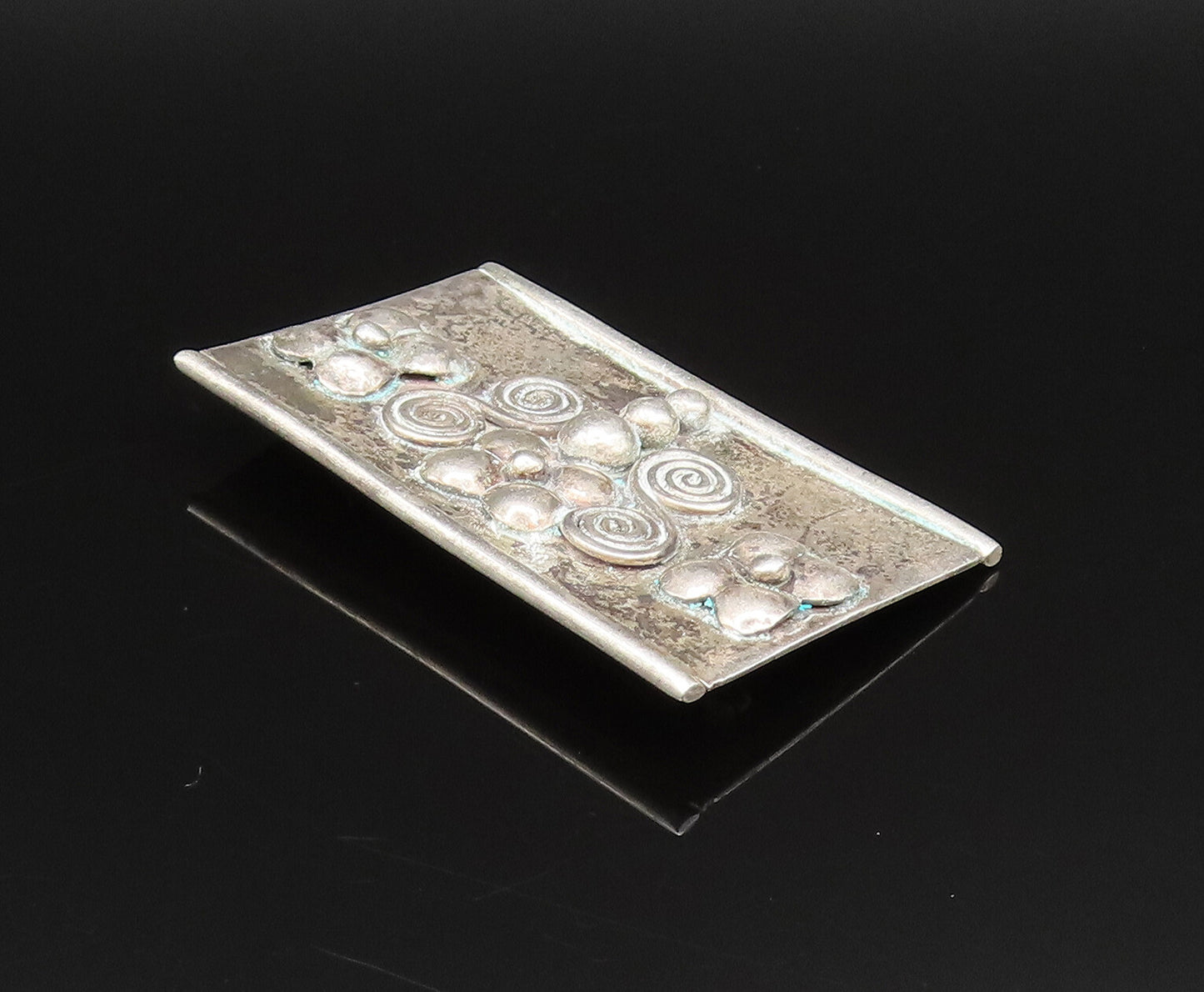 925 Silver  Vintage Floral Beaded & Spirals Rectangle Brooch Pin  BP9700