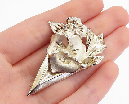 925 Sterling Silver  Vintage Shiny Sculpted Floral Bouquet Brooch Pin  BP1616