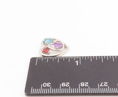 925 Sterling Silver Vintage Pendant Tri Gemstone Dual Love Heart Charm  PT25217