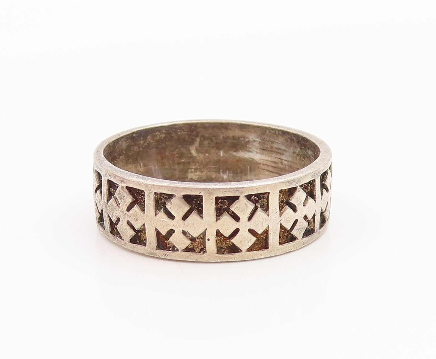 925 Sterling Silver Vintage Ring Carved Geometric Cross Pattern  Sz 8  RG36097