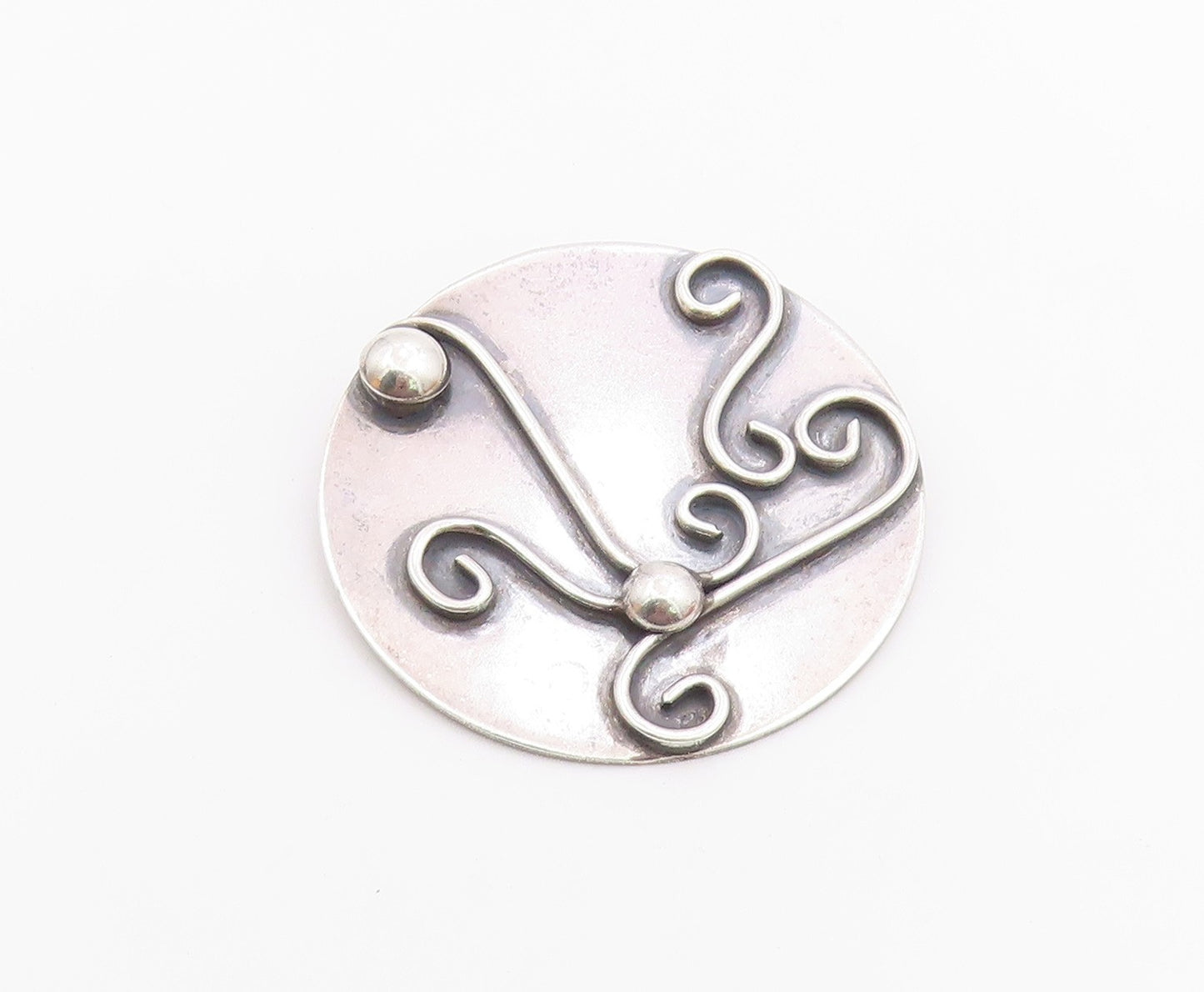 925 Sterling Silver  Vintage Shiny Round Swirl Pattern Brooch Pin  BP3695