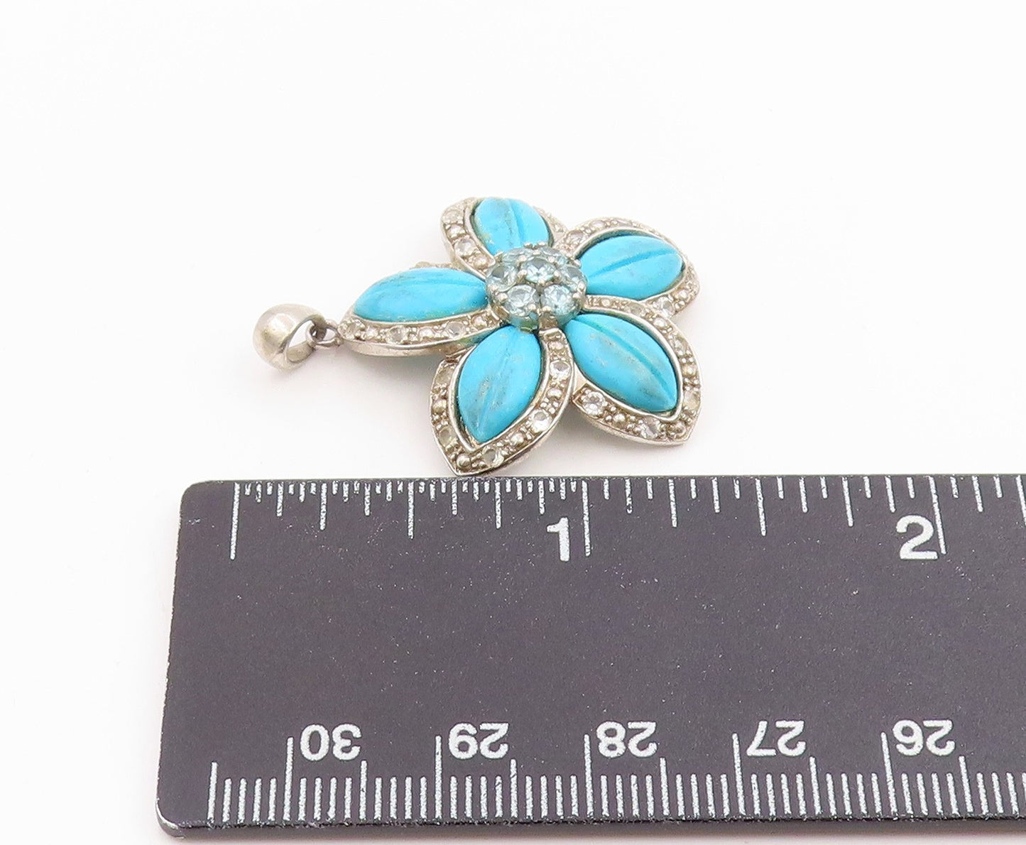 925 Sterling Silver Vintage Pendant Turquoise & Blue Topaz Floral Petal  PT26109