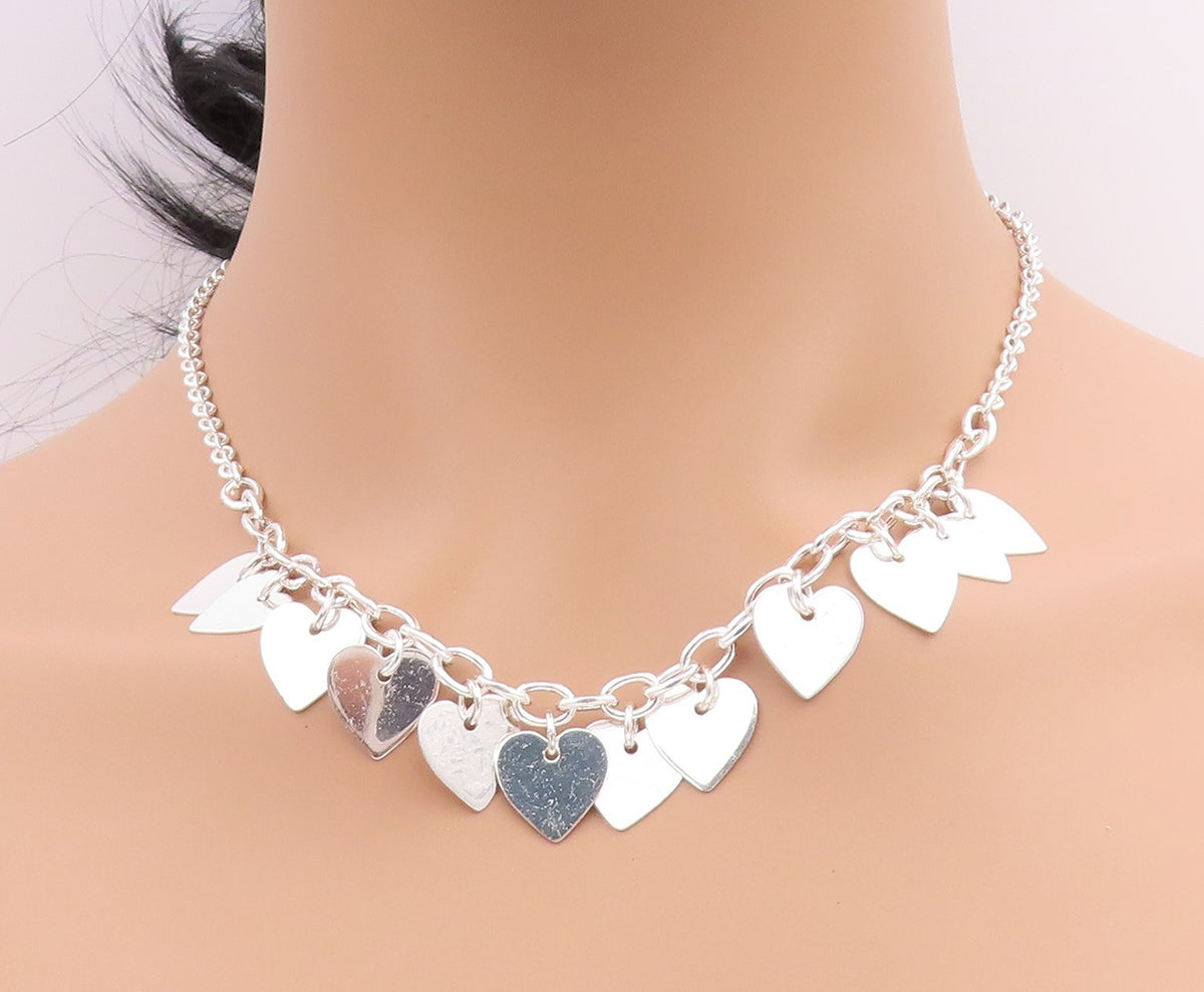 925 Sterling Silver Vintage Necklace Linked Chain Dangling Hearts Cutout  NE4581
