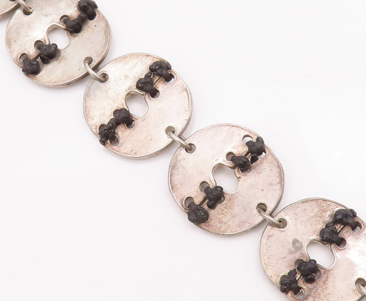 925 Sterling Silver Vintage Bracelet Designer Stitched Coin Ring Links  BT10463