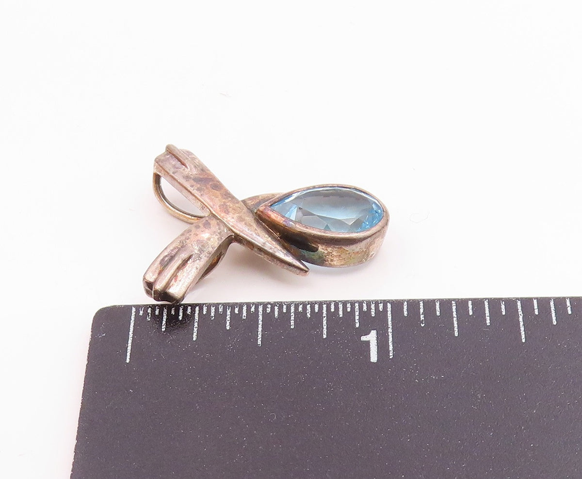 925 Sterling Silver  Vintage Tear Drop Blue Topaz Crossed Pendant  PT18483