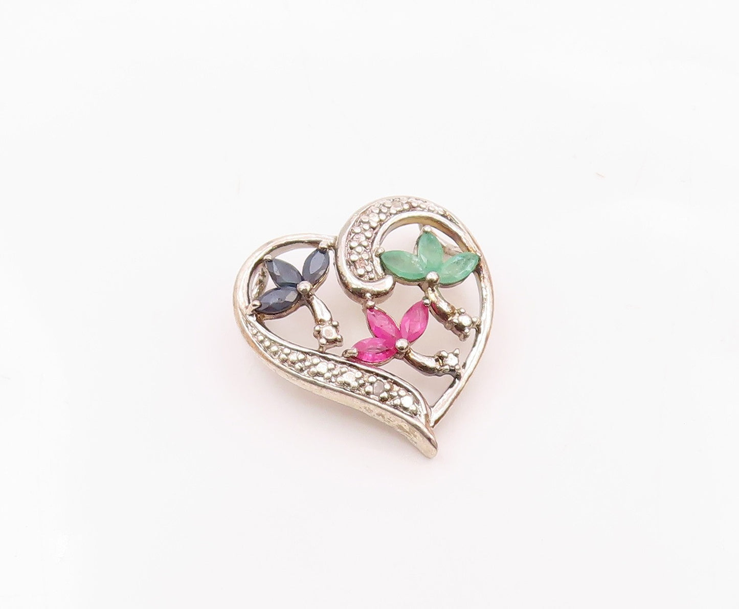 925 Silver  Vintage Sapphire Ruby & Emerald Floral Love Heart Pendant  PT20988