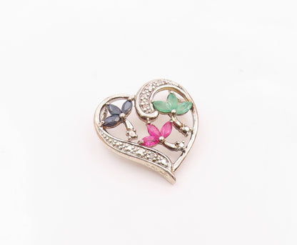 925 Silver  Vintage Sapphire Ruby & Emerald Floral Love Heart Pendant  PT20988