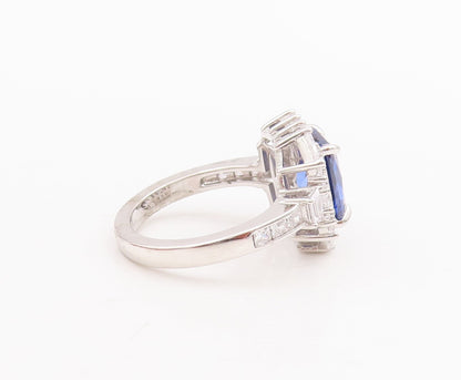 925 Sterling Silver Vintage Ring Rectangle Sapphire Halo CZ  Sz 7.5  RG29041