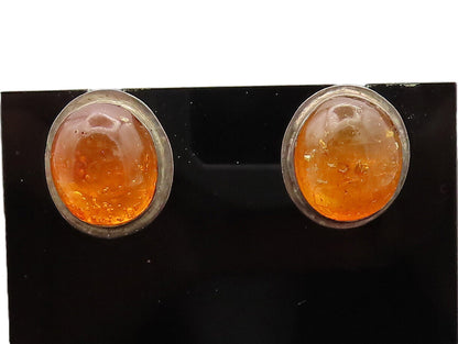 925 Sterling Silver  Vintage Minimalist Oval Amber Studs Earrings  EG12663